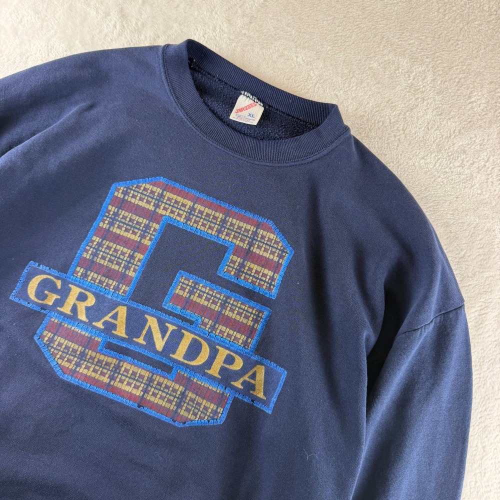 Jerzees Sweatshirt Grandpa Vintage Plaid Graphic Navy Blue Mens XL Made in USA